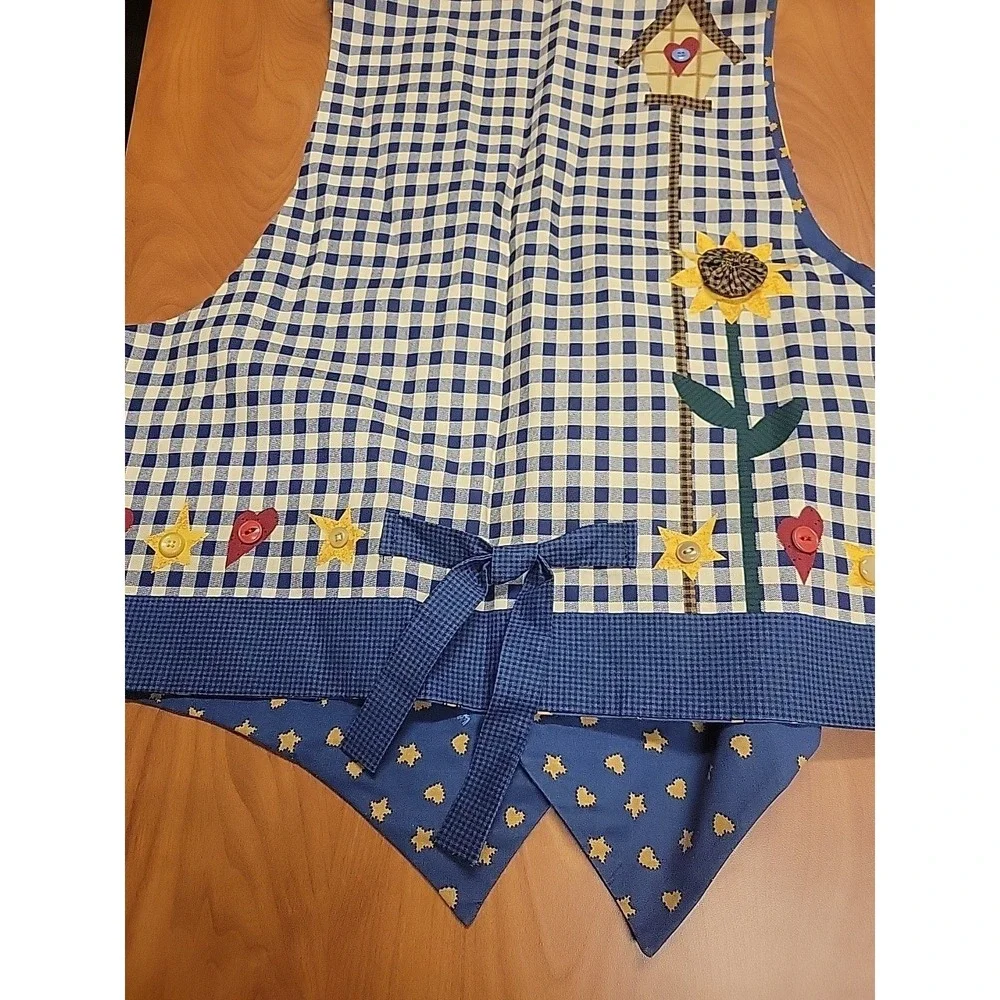 Vintage Cottagecore Patchwork Vest Sunflower Birdhouse Gingham Blue Artisan Sz L - Picture 8 of 12